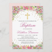 ピンクエレガント金ゴールドフローラガールバプテスマ招待状 招待状 (正面/裏面)