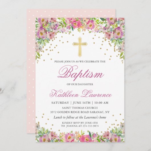 ピンクエレガント金ゴールドフローラガールバプテスマ招待状 招待状 (正面/裏面)
