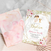 ピンクエレガント金ゴールドフローラガールバプテスマ招待状 招待状