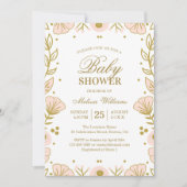 ピンクエレガント金ゴールドフローラガールベビーシャワー 招待状 (正面)