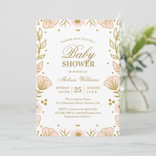 ピンクエレガント金ゴールドフローラガールベビーシャワー 招待状 (スタンド正面)