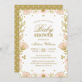 ピンクエレガント金ゴールドフローラガールベビーシャワー 招待状 (正面/裏面)