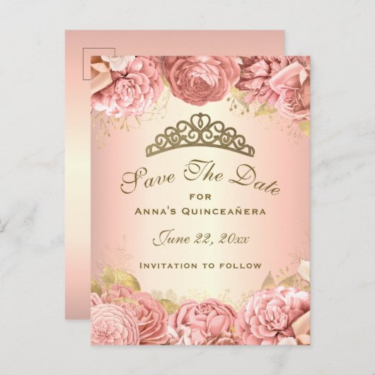 ピンクエレガント金ゴールドフローラキンセアニェラ保存日 ポストカード (正面/裏面)