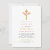 ピンクエレガント金ゴールドフローラクロスベビーガールバプテスマ 招待状 (正面)