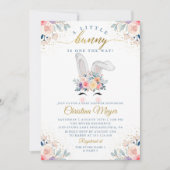 ピンクエレガント金ゴールドフローラバニー顔ベビーシャワー 招待状 (正面)