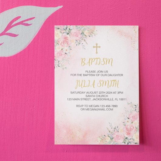 ピンクエレガント金ゴールドフローラバプテスマ招待状カード 招待状