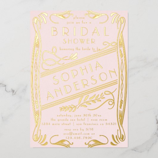 ピンクエレガント金ゴールドフローラブライダルシャワーパーティー 箔招待状 (正面)