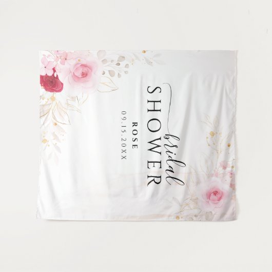 ピンクエレガント金ゴールドフローラブライダルシャワー背景 タペストリー (正面(横))