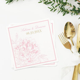 ピンクエレガント金ゴールドフローラ牡丹結婚モノグラム スタンダードカクテルナプキン