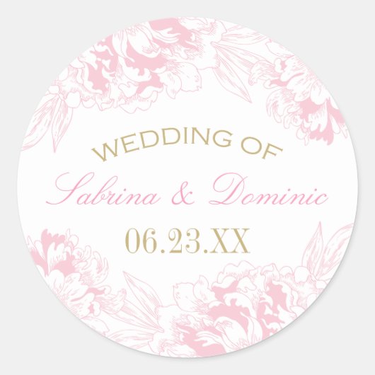 ピンクエレガント金ゴールドフローラ牡丹結婚モノグラム ラウンドシール (正面)