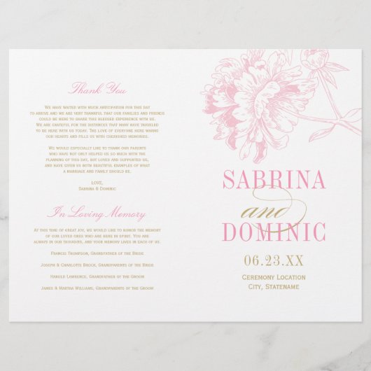 ピンクエレガント金ゴールドフローラ牡丹結婚式 プログラム (正面)