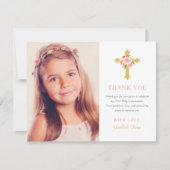 ピンクエレガント金ゴールドフローラFirst Communion写真 サンキューカード (正面)