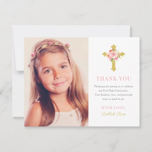 ピンクエレガント金ゴールドフローラFirst Communion写真 サンキューカード (正面)