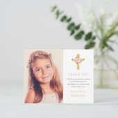 ピンクエレガント金ゴールドフローラFirst Communion写真 サンキューカード (スタンド正面)