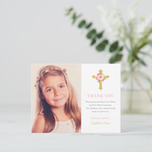 ピンクエレガント金ゴールドフローラFirst Communion写真 サンキューカード (スタンド正面)