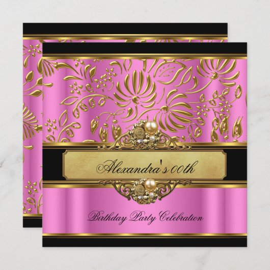 ピンクエレガント金ゴールドブラックダマスクパールパーティー 招待状 (正面/裏面)