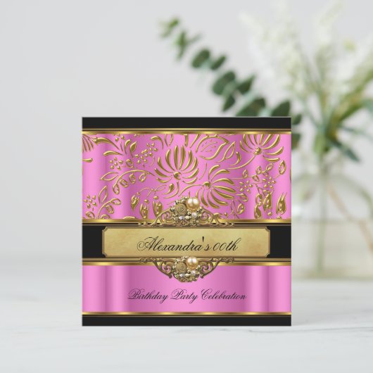 ピンクエレガント金ゴールドブラックダマスクパールパーティー 招待状 (スタンド正面)