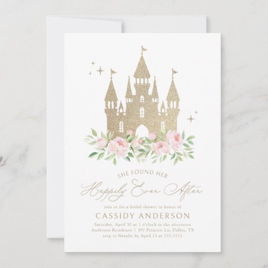 ピンクエレガント金ゴールドプリンセスブライダルシャワー 招待状 (正面)