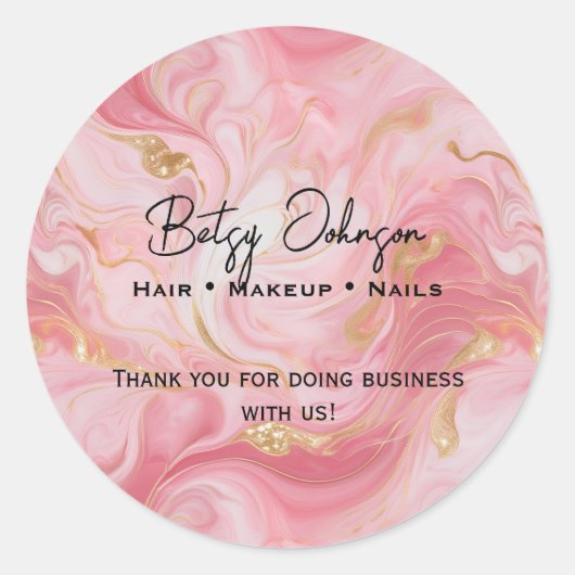 ピンクエレガント金ゴールドホワイトMarbledありがとうステッカー ラウンドシール (正面)
