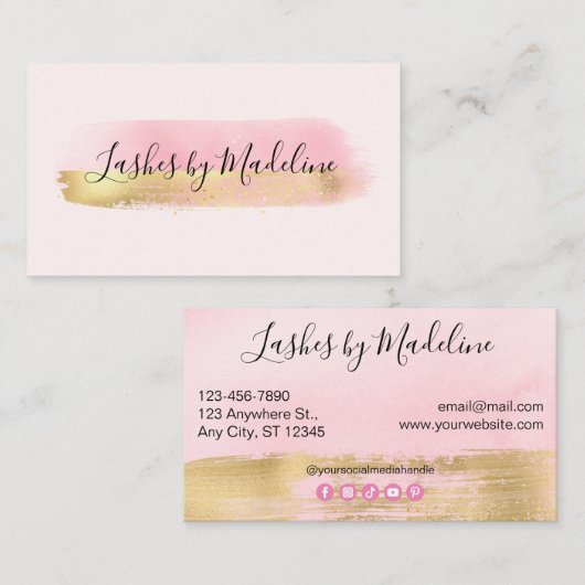 ピンクエレガント金ゴールドメイクアップ美しいラッシュネイルサロン 名刺 (正面/裏面)