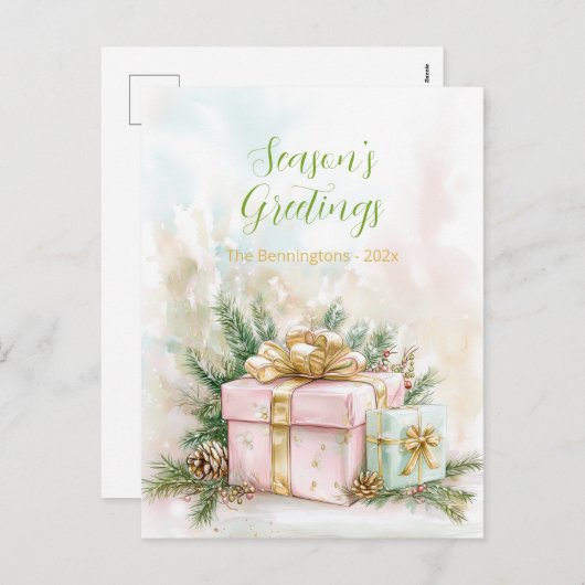 ピンクエレガント金ゴールドヴィンテージクリスマスポストカード シーズンポストカード (正面/裏面)
