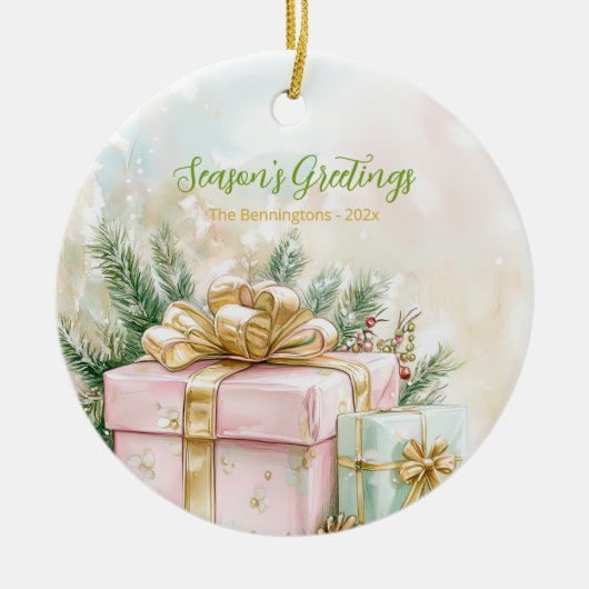 ピンクエレガント金ゴールドヴィンテージクリスマス セラミックオーナメント (正面)