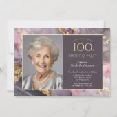 ピンクエレガント金ゴールド写真100誕生日 招待状 (正面)