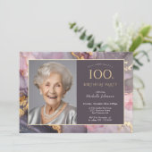 ピンクエレガント金ゴールド写真100誕生日 招待状 (スタンド正面)