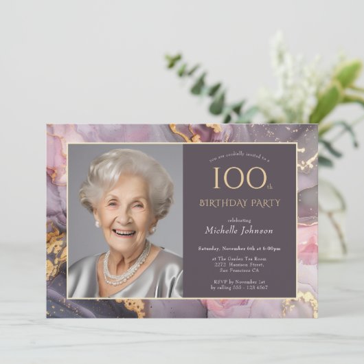 ピンクエレガント金ゴールド写真100誕生日 招待状 (スタンド正面)