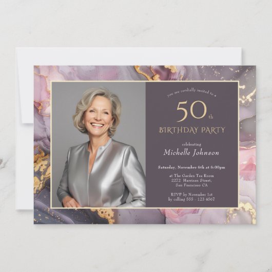 ピンクエレガント金ゴールド写真50誕生日 招待状 (正面)