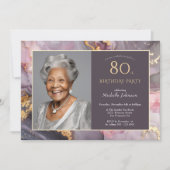 ピンクエレガント金ゴールド写真80誕生日 招待状 (正面)