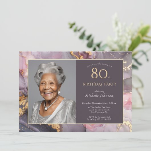 ピンクエレガント金ゴールド写真80誕生日 招待状 (スタンド正面)