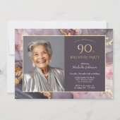 ピンクエレガント金ゴールド写真90誕生日 招待状 (正面)