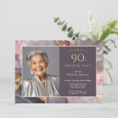 ピンクエレガント金ゴールド写真90誕生日 招待状 (スタンド正面)