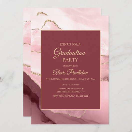 ピンクエレガント金ゴールド大理石ゲート卒業5"X7" 招待状 (正面/裏面)