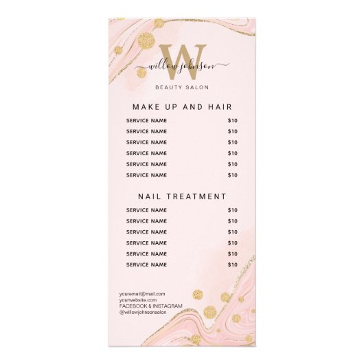 ピンクエレガント金ゴールド大理石Agateサービス価格表 ラックカード (裏面)