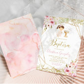 ピンクエレガント金ゴールド幾何学的フローラガールバプテスマ 招待状