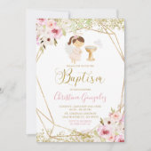 ピンクエレガント金ゴールド幾何学的フローラガールバプテスマ 招待状 (正面)