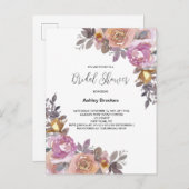 ピンクエレガント金ゴールド水彩フローラブライダルシャワー インビテーションポストカード (正面/裏面)