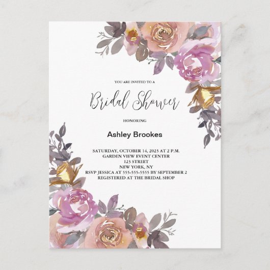 ピンクエレガント金ゴールド水彩フローラブライダルシャワー インビテーションポストカード (正面)
