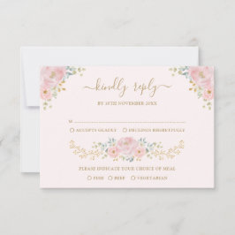 ピンクエレガント金ゴールド水色フローラ結婚式RSVP カード