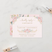 ピンクエレガント金ゴールド水色フローラ結婚式RSVP カード (正面/裏面インサイチュ)
