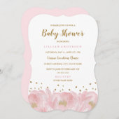 ピンクエレガント金ゴールド牡丹ガールベビーシャワー 招待状 (正面/裏面)