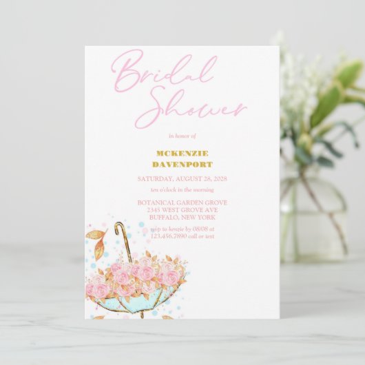 ピンクエレガント金ゴールド牡丹フローラブライダルシャワー 招待状 (スタンド正面)