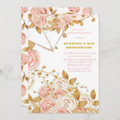 ピンクエレガント金ゴールド牡丹フローラ花嫁付きランチ 招待状 (正面/裏面)
