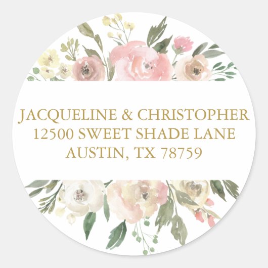 ピンクエレガント金ゴールド結婚フローラ差出人住所 ラウンドシール (正面)