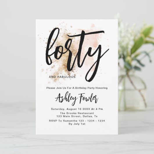 ピンクエレガント金ゴールド40歳の誕生日招待状 招待状 (スタンド正面)