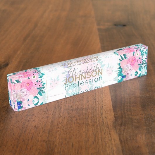 ピンクエレガント開花花柄 デスクネームプレート (側面)