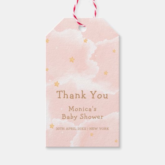 ピンクエレガント雲9つ星ガールベビーシャワー ギフトタグ (正面)