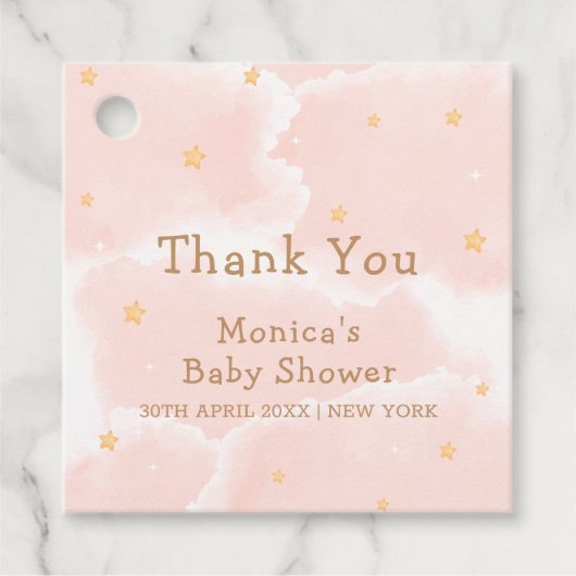 ピンクエレガント雲9つ星ガールベビーシャワー フェイバータグ (正面)